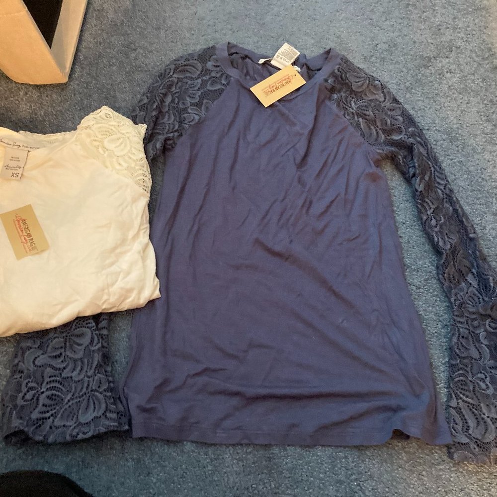 2 NEW W TAGS  American Rag Tops Long Sleeved beige and blue -XS retail $29 each